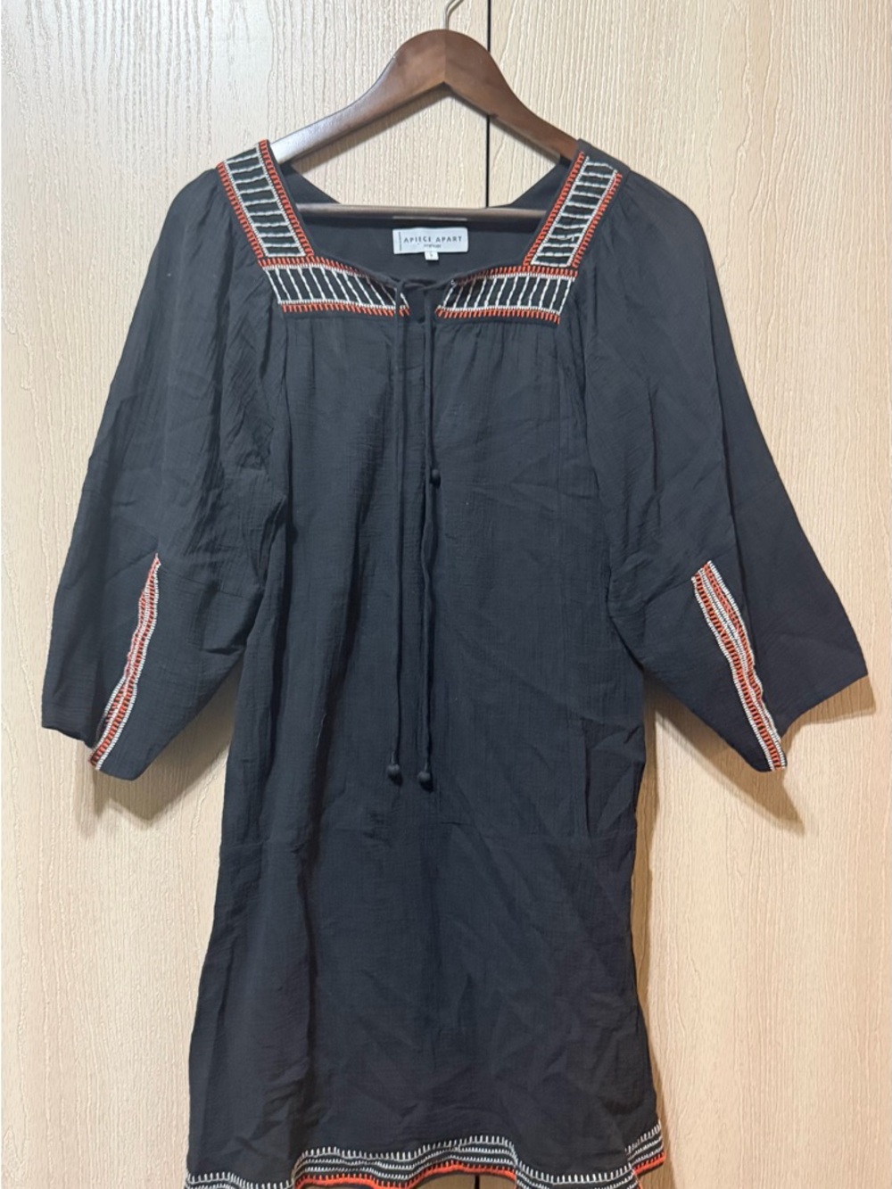 Apiece Apart Black Cotton Embroidered Tunic with Red & White Trim